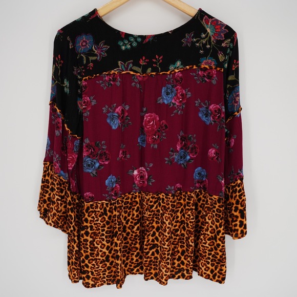 Calessa Womens Tunic Top L Boho Gauzy Mixed Print Artsy Flowy Bell Sleeve Casual - Picture 2 of 11